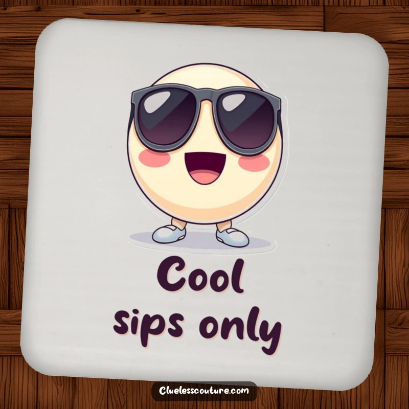 Funny coaster featuring a bouncing ball character wearing oversized sunglasses and looking cool, adding a stylish and humorous touch.