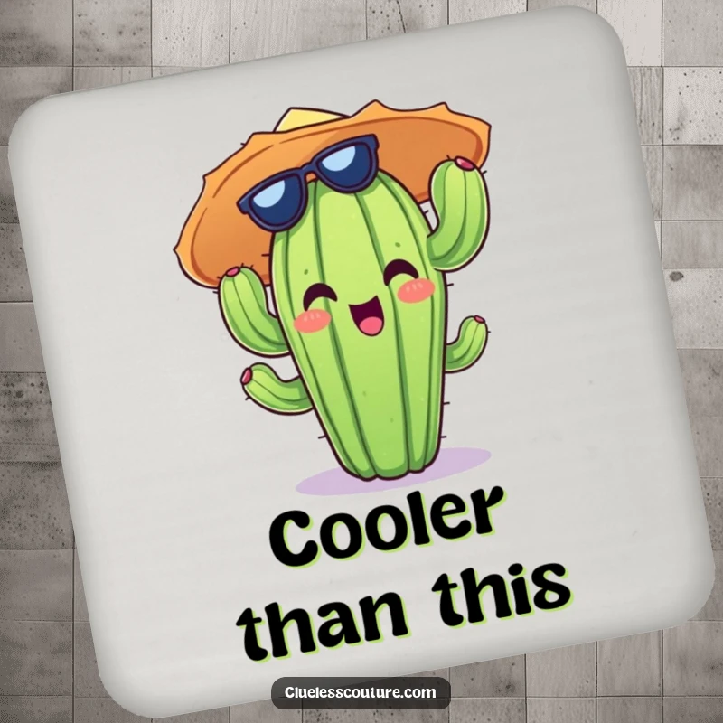 Funny drink coaster featuring a cheerful cactus character wearing a comically oversized sun hat.