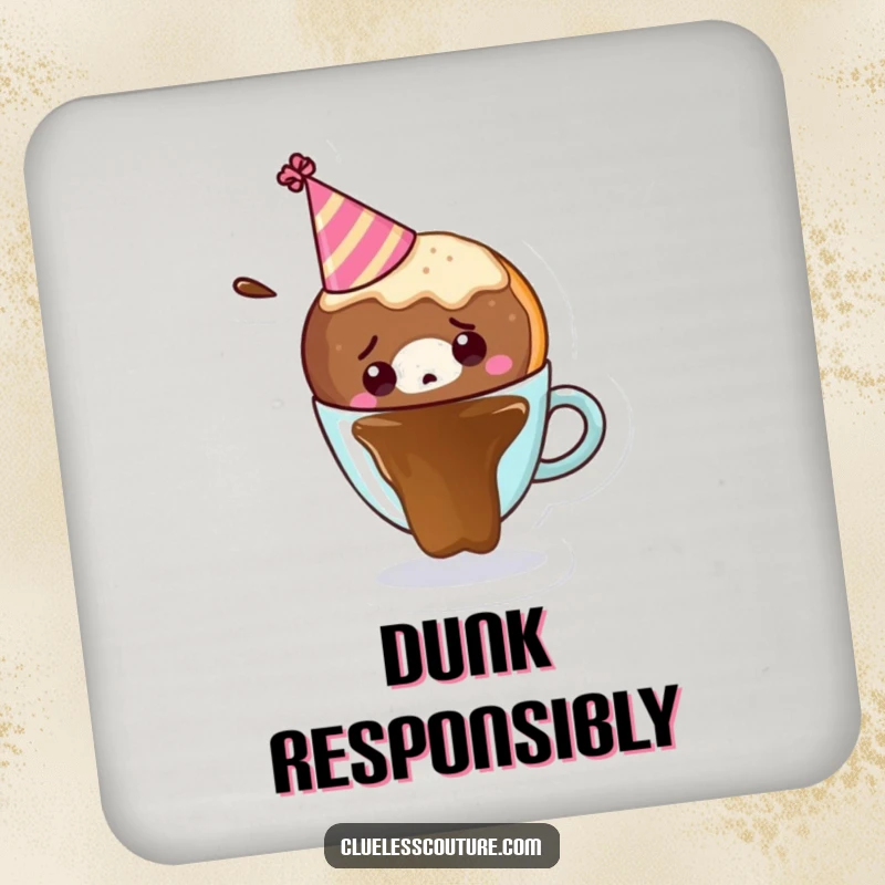 Funny drink coasters depicting a confused donut in a party hat falling into a coffee cup, protecting furniture humorously.