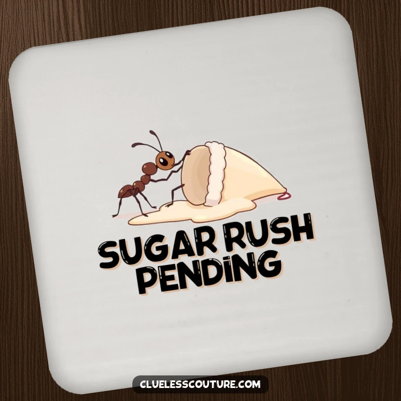 Funny drink coaster showing a curious ant trying to lift a huge ice cream cone, a humorous representation of overcoming obstacles.