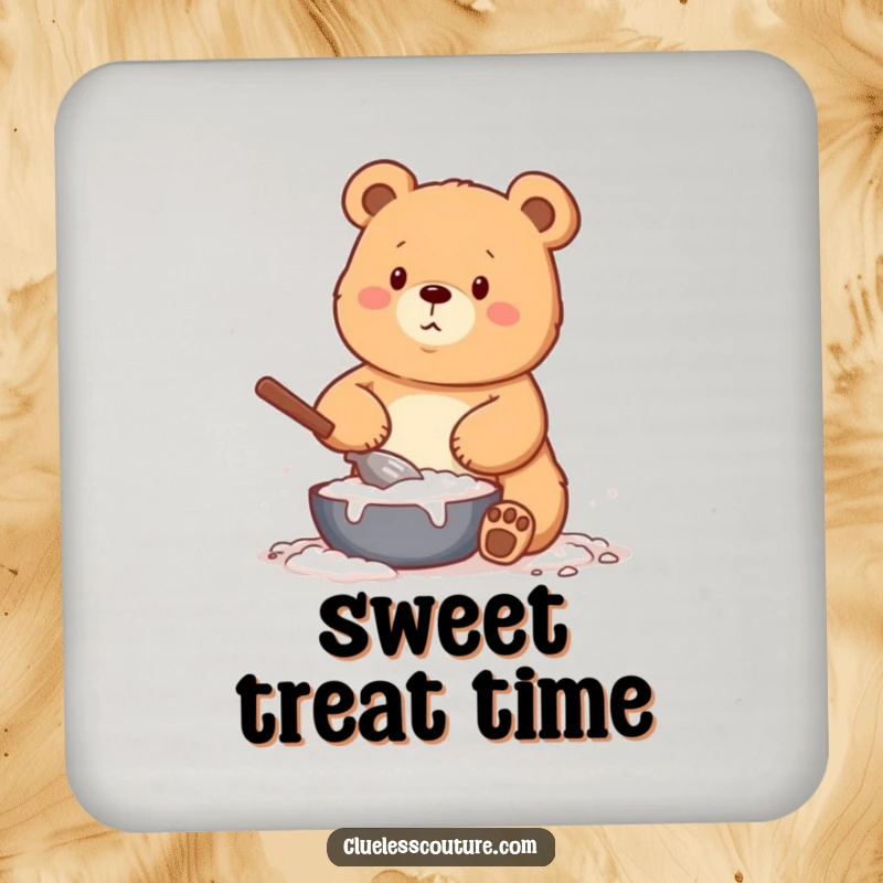 Funny drink coaster showing a bear hilariously covered in flour while baking, protecting furniture with comical kitchen flair.