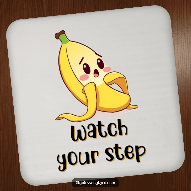 Funny drink coaster featuring a surprised banana peel character comically slipping, providing surface protection with a classic gag, a funny gift.