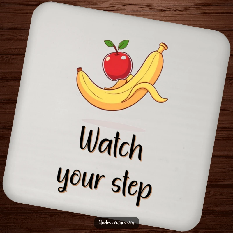 Funny Coaster: A banana peel comically slips, sending an apple flying, a humorous addition to any table.