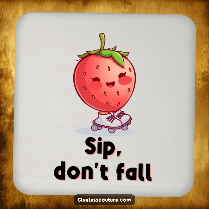 Funny drink coaster featuring a blushing strawberry wearing tiny roller skates and wobbling uncontrollably, protecting surfaces with humor.