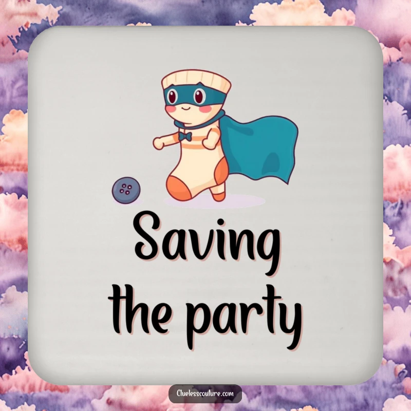 Funny drink coaster featuring a brave sock in a superhero cape rescuing a lost button, adding a heroic touch to tables.