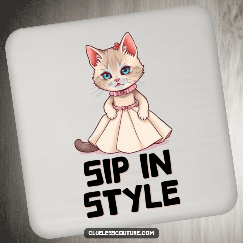 Funny coaster with a cat struggling to fit into a miniature couture gown, for protecting tables humorously.
