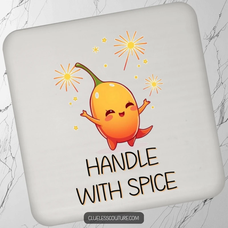 Funny drink coaster of a chili pepper character juggling small, sparkling fireworks, a humorous and protective item.