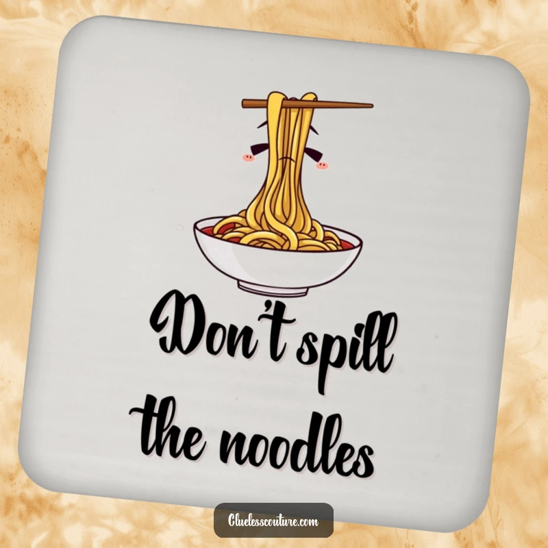 Funny drink coaster showing confused chopsticks hilariously failing to eat spaghetti, protecting surfaces with a touch of humor.