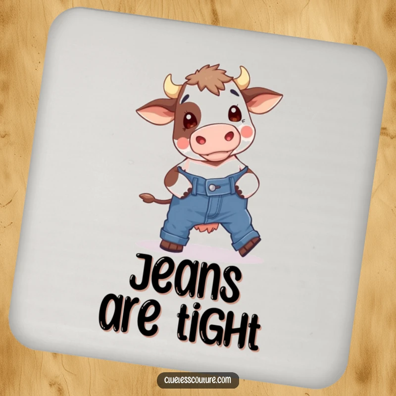 Funny drink coaster featuring a bewildered cow hilariously attempting to put on skinny jeans, a humorous and functional surface protector.