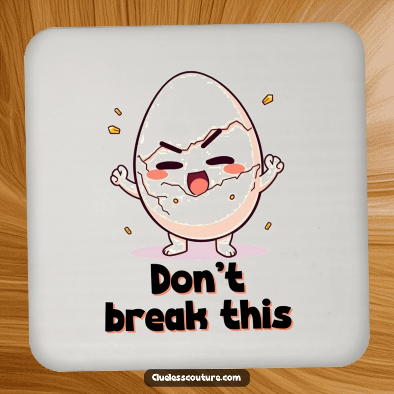 Funny drink coaster of a determined egg character struggling to crack itself open, a humorous breakfast accessory.