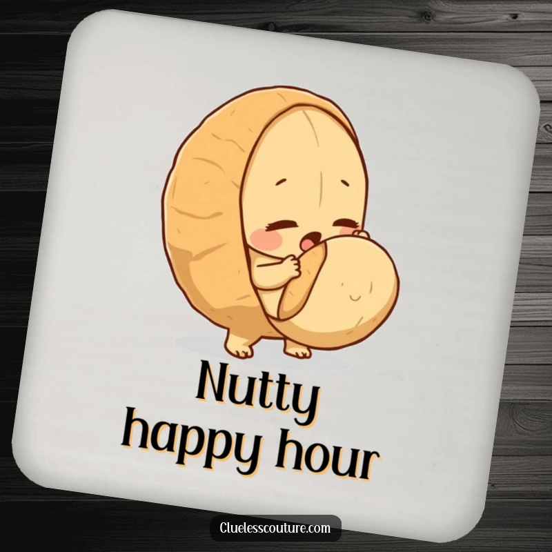 Funny drink coaster illustrating a determined peanut trying to crack a large nut.