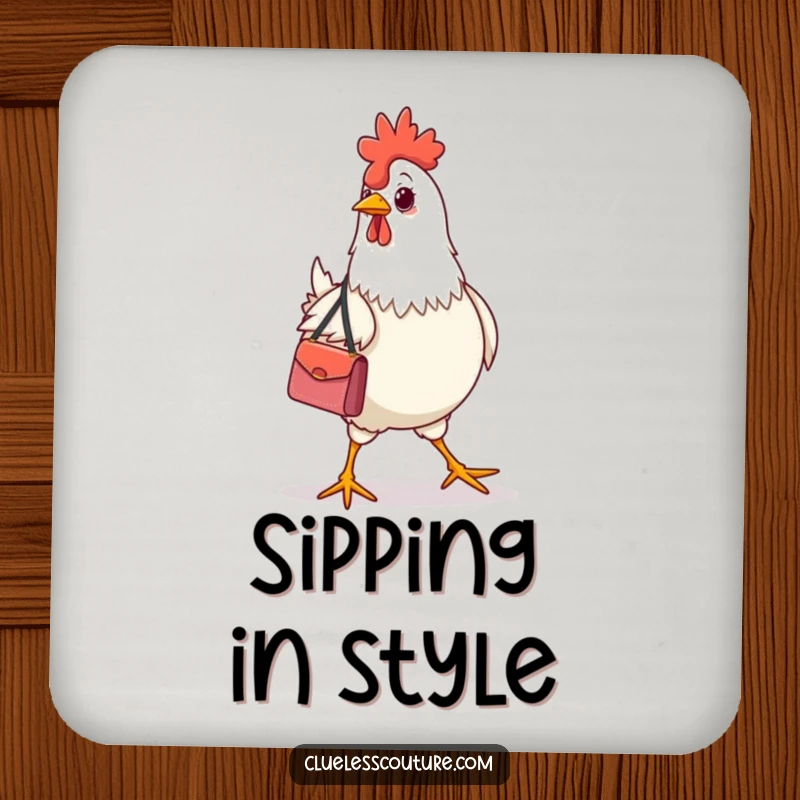 Funny chicken wearing a designer handbag, strutting on a coaster, for humorous surface protection.