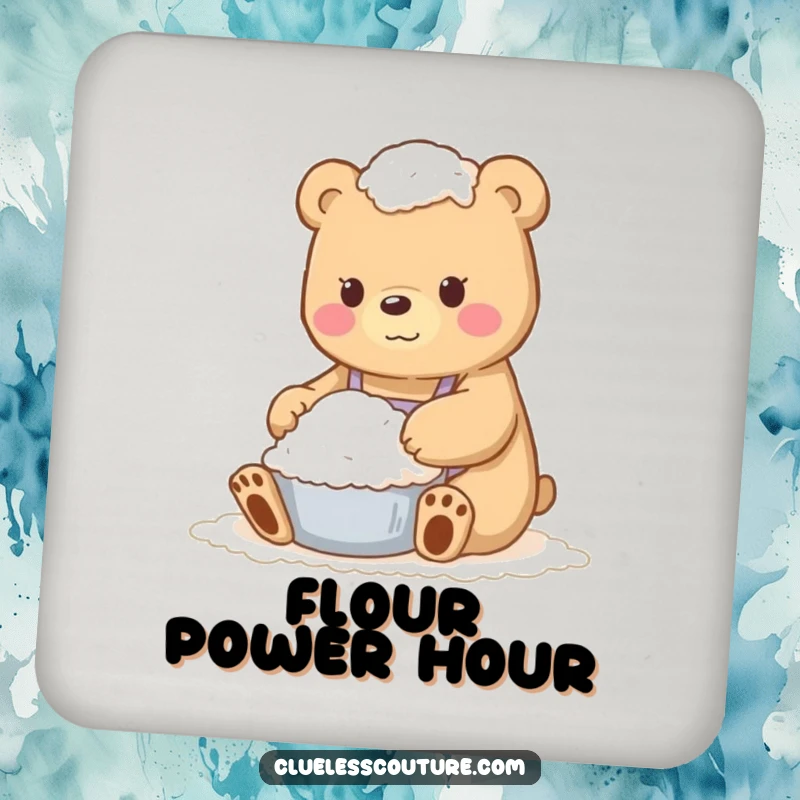 Funny drink coaster with a bear covered in flour, a humorous illustration to protect surfaces.