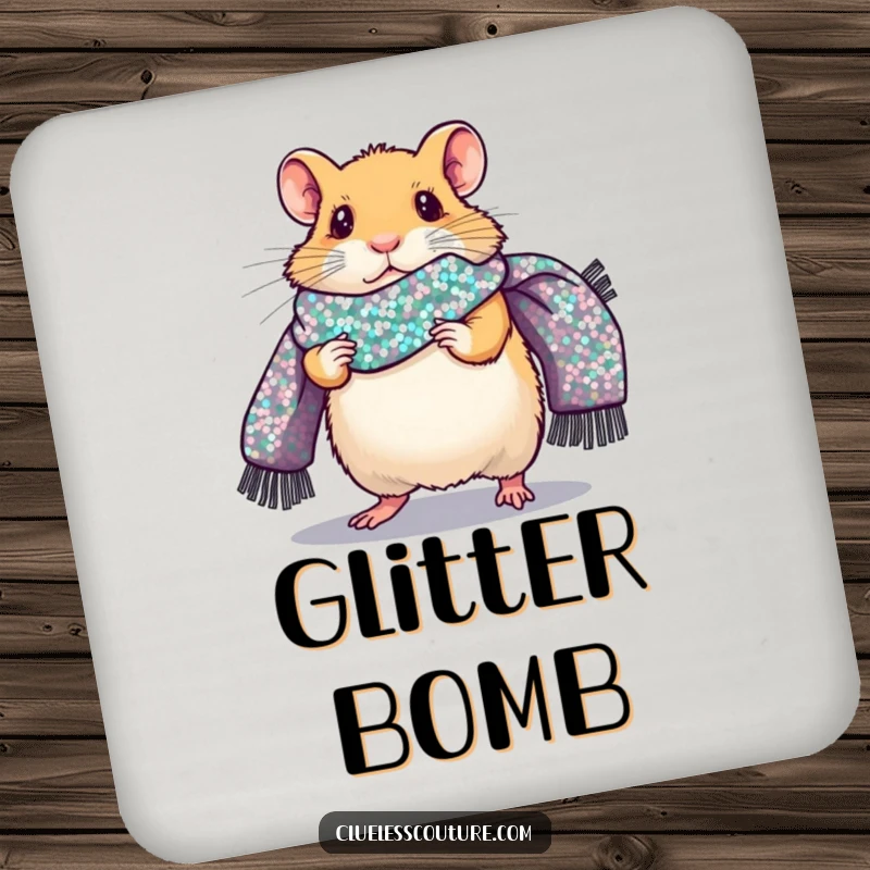 Funny drink coaster with a nervous hamster strutting a fashion runway, wearing a giant sequined scarf, a humorous and protective surface accessory.
