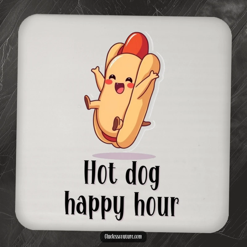 Funny hot dog coaster featuring a delighted hot dog doing a cartwheel inside its bun, protecting surfaces with humor.