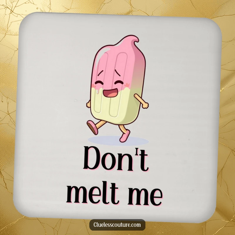 Funny drink coaster featuring a melting popsicle character dramatically walking, a humorous and practical accessory.