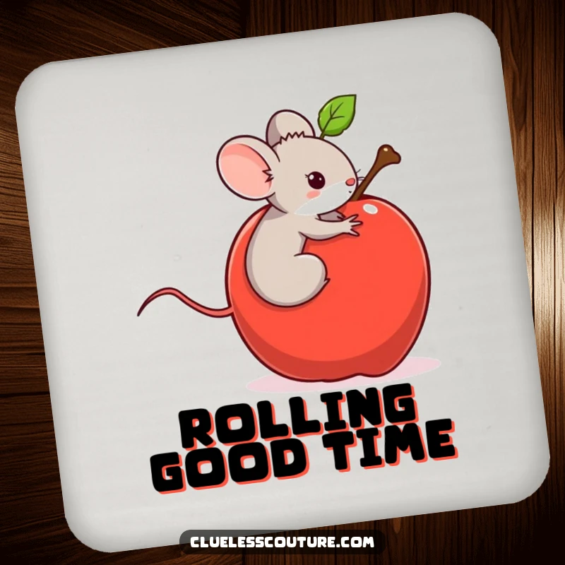 Funny drink coaster featuring a tiny mouse riding a runaway rolling apple, a humorous addition to protect surfaces from drinks.