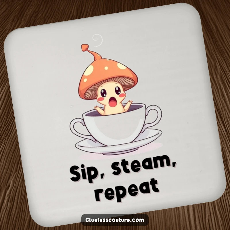 Funny drink coaster with a surprised mushroom leaping from a teacup, leaving a steam trail, protecting surfaces with magic.