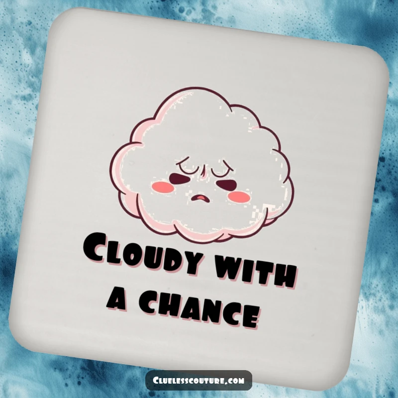 Funny drink coaster featuring a nervous cloud character trying to form a shape, offering surface protection with gentle humor, a funny gift.
