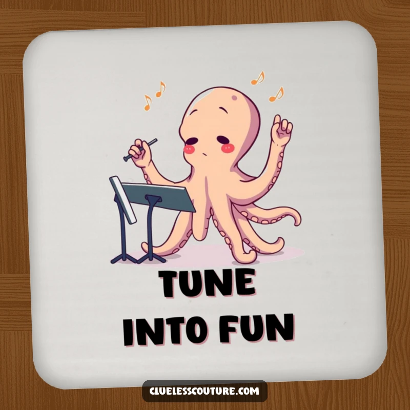 Funny drink coaster showing a confused octopus conducting an orchestra, a humorous way to protect tables.