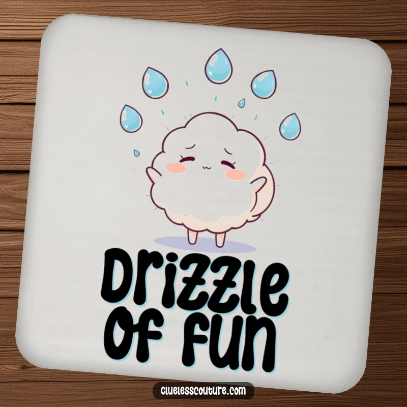 Funny coaster featuring a fluffy cloud character humorously juggling raindrops and looking overwhelmed, adding a playful touch.