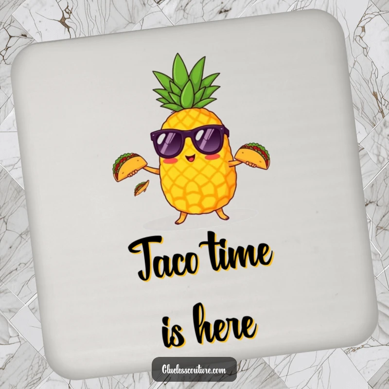 Funny pineapple with sunglasses juggling tiny tacos on a protective drink coaster for tabletops.