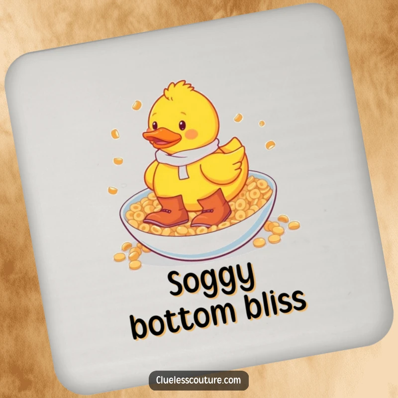 Funny rubber duck wearing large boots wading through a giant bowl of cereal on a protective drink coaster.