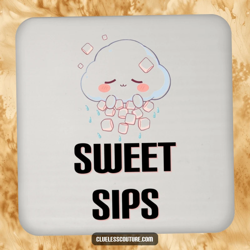 Funny drink coaster featuring a sleepy anthropomorphic cloud character showering marshmallows instead of rain, protecting surfaces with sweet humor.