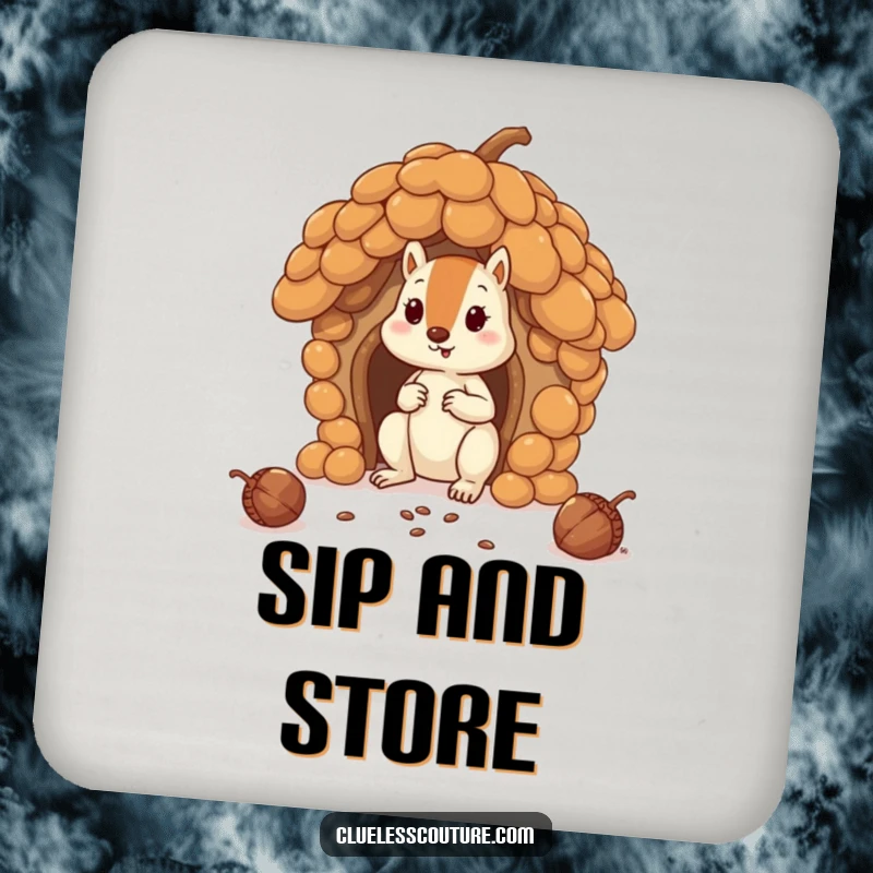 Funny squirrel comically attempts to build a house using oversized acorns, on coasters, perfect for a funny gift.