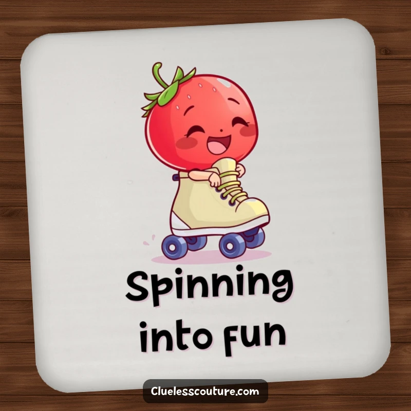 Funny giggling strawberry character riding a runaway roller skate, a humorous drink coaster.