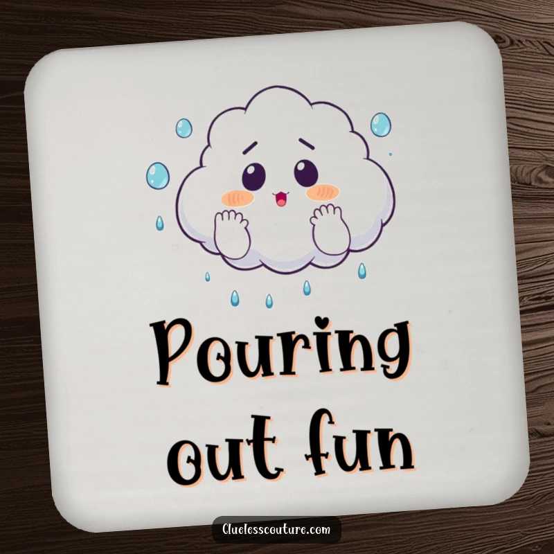 Funny drink coaster featuring a surprised cloud comically juggling raindrops with its hands, protecting surfaces with humor.