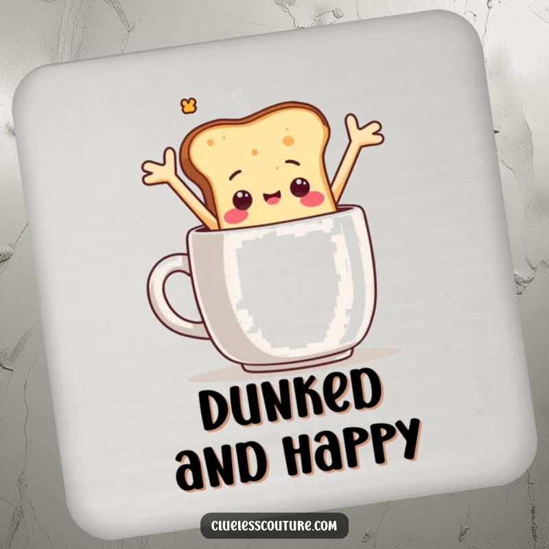 Funny coaster featuring a sentient toast slice character comically falling into a coffee mug, adding a humorous and breakfast-themed touch.
