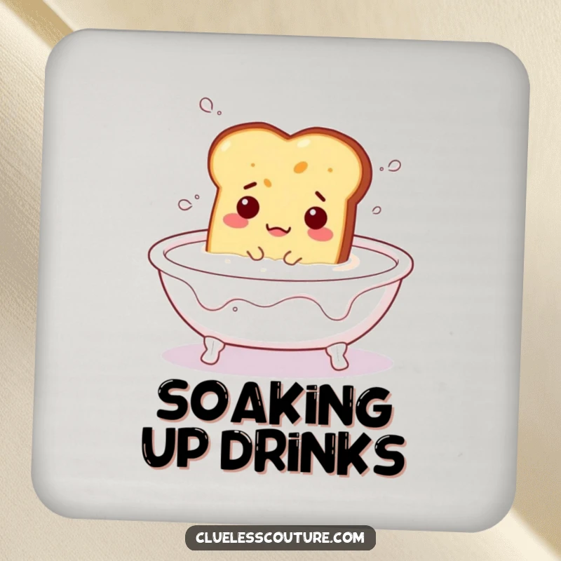 Funny drink coaster featuring a bewildered piece of toast in a milk bath, a humorous addition to protect surfaces from drinks.