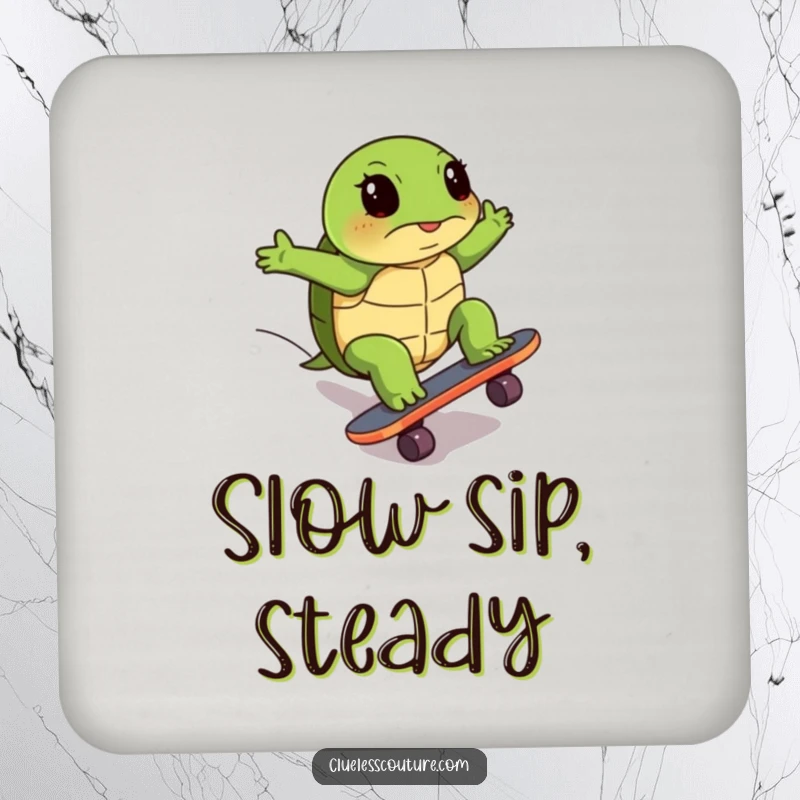 Funny drink coaster showing a turtle's comical, determined effort skateboarding uphill, protecting furniture with humor and tenacity.