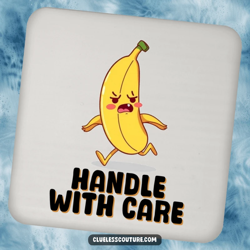 Funny banana character tripping over its peel while running, a humorous drink coaster.