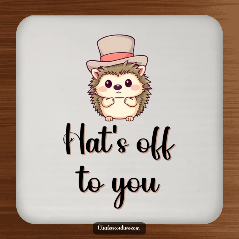 Funny drink coasters showing a shy hedgehog comically trying to put on a ridiculously large top hat.