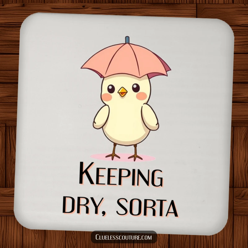 Funny drink coaster showing a bird wearing a small umbrella as a hat, sitting in the sun, adding a touch of whimsy.