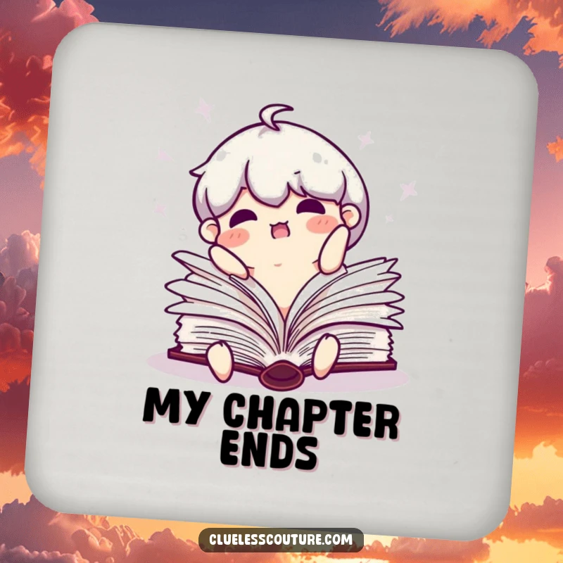 Funny drink coaster illustrating a clumsy book character falling open with flailing pages.