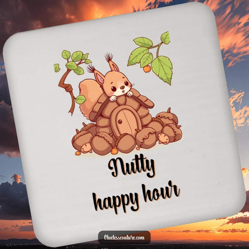 Funny drink coaster depicting a squirrel's amusing struggle to build a house from oversized acorns, protecting furniture with humor.