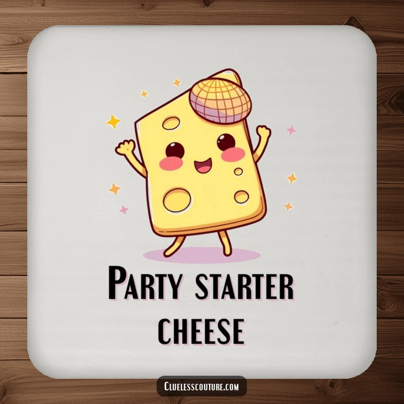 Funny drink coaster showing a slice of cheese dancing under its own miniature disco ball.