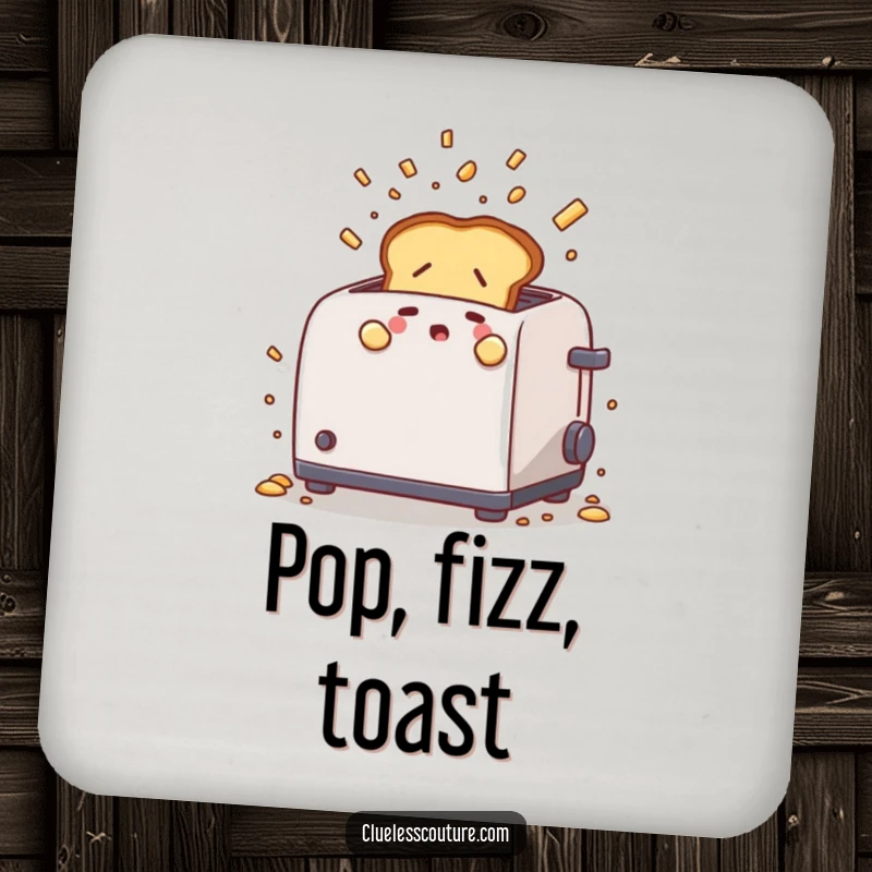 Funny drink coaster set with a nervous toast popping out of a chaotic toaster, protecting furniture with a dose of breakfast humor.