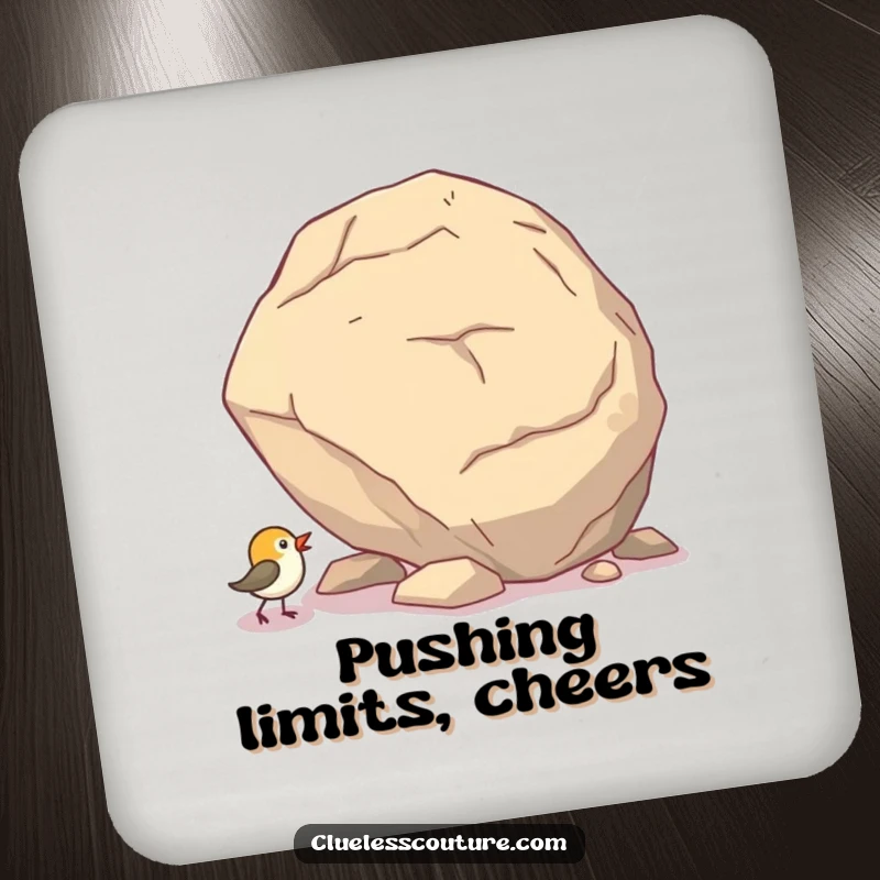 Funny drink coasters showing a small bird hilariously trying to push a giant boulder uphill.