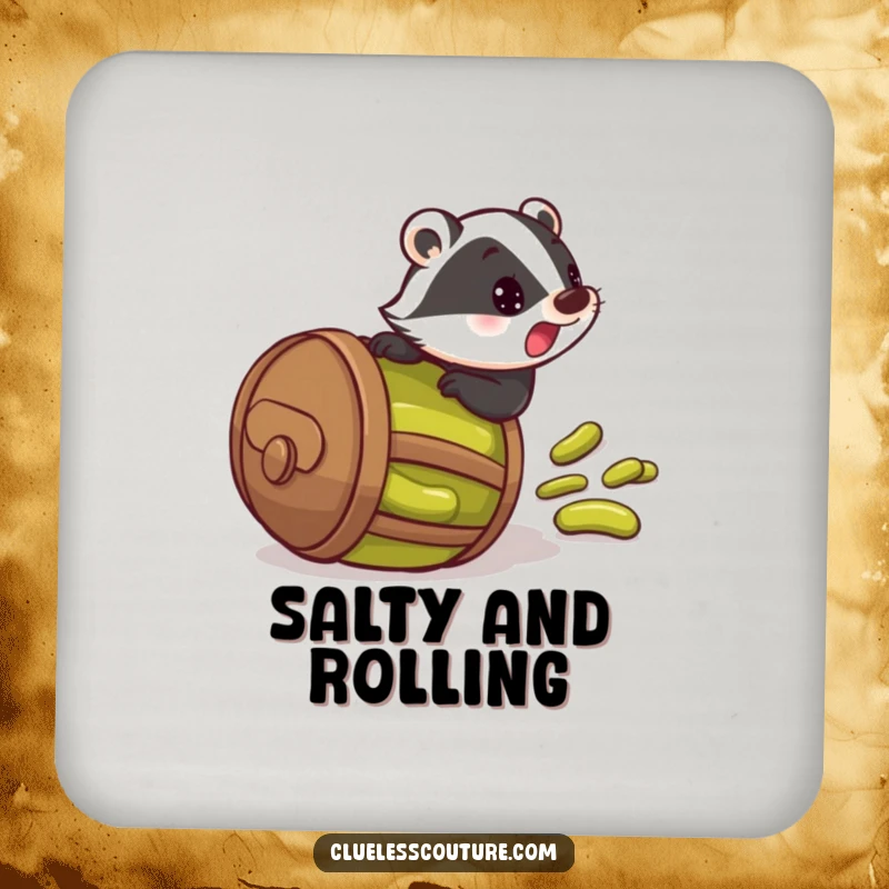 Funny drink coaster with a startled badger rolling downhill in a barrel of pickles, protecting surfaces with humor.