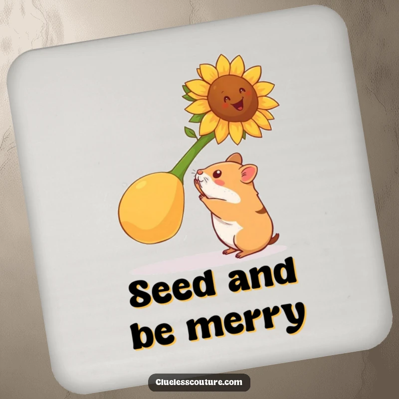 Funny hamster drink coaster depicting a hamster attempting to lift a gigantic sunflower seed, perfect for protecting surfaces with fitness humor.