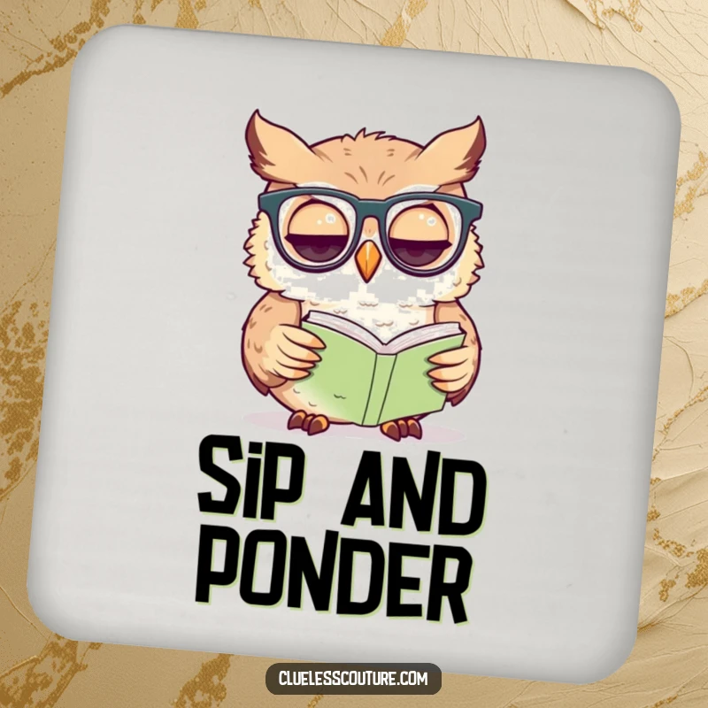 Funny owl coaster featuring a confused owl wearing glasses, struggling to read a tiny book, protecting surfaces with humor.