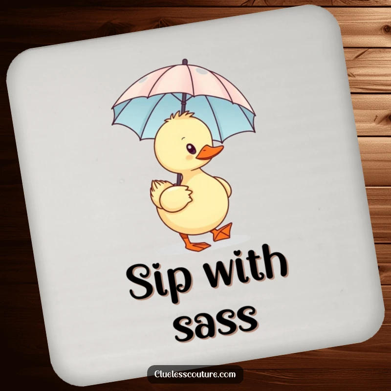 Funny Sassy Duck Coaster, a sassy duck waddling with a minuscule designer umbrella, protecting surfaces with humor.