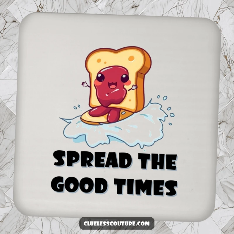 Funny drink coaster with a piece of toast surfing on a wave of jam, protecting surfaces with breakfast humor.