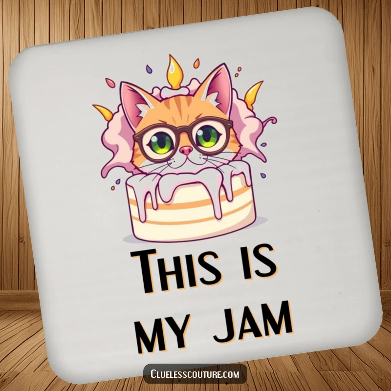 Funny bewildered cat wearing oversized spectacles peeking from behind a giant, exploding cake, a humorous detail on this protective drink coaster.