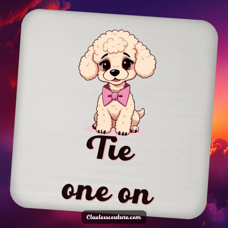 Funny coaster with a confused poodle attempting to tie a cravat, for protecting tables humorously.