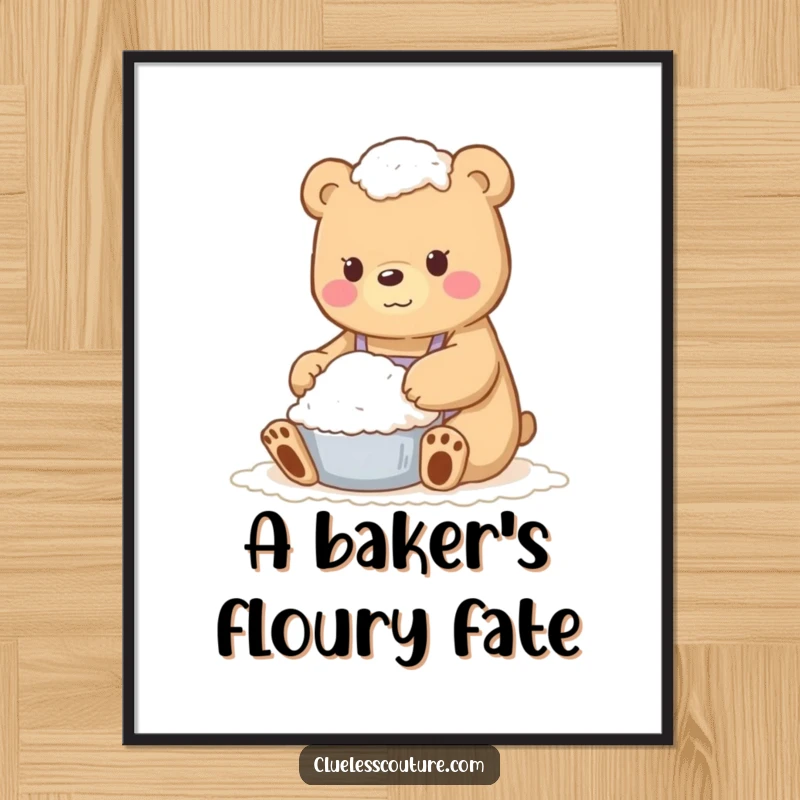 Funny poster art of a bear completely dusted with flour, a comical baking mishap illustration for humorous decor.